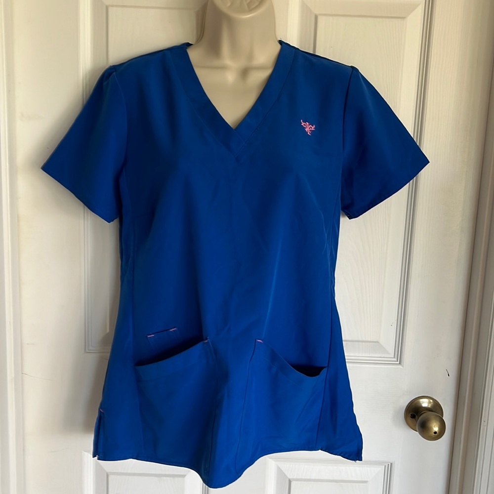 Blue fitted scrub top